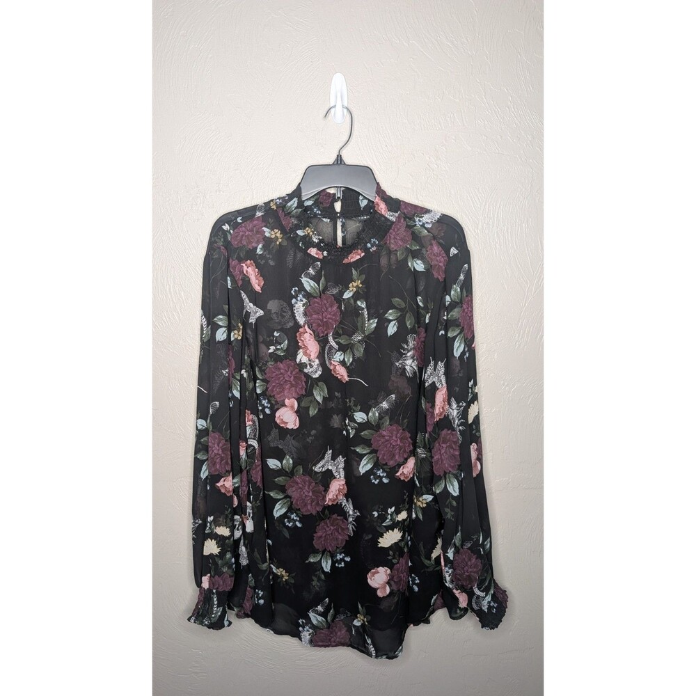 Torrid Womens Plus 3 (3X) Black Skull Butterflies Chiffon Mock Neck Blouse